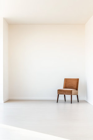 A brown chair sits alone in a spacious, bright room. The walls are white, and the floor is light in color, creating a calm and inviting atmosphere.の素材