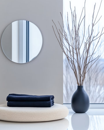 Soft navy towels are neatly stacked on a round surface next to a matte black vase holding bare branches, with a calm winter landscape visible through the window.の素材