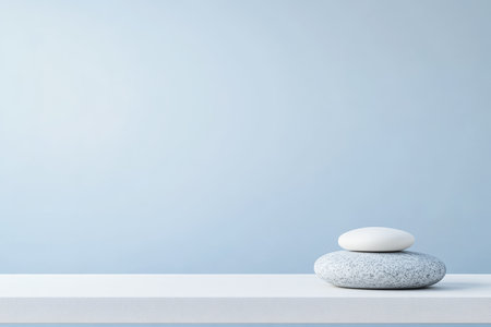 Two stones are carefully stacked on a smooth white surface, with a soft blue background enhancing the peaceful atmosphere. This setup evokes tranquility and balance.の素材