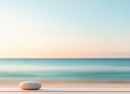 A smooth, round stone is placed on a wooden surface, overlooking a calm beach at sunset. The sky transitions from blue to warm tones while the gentle waves lap the shore.の素材