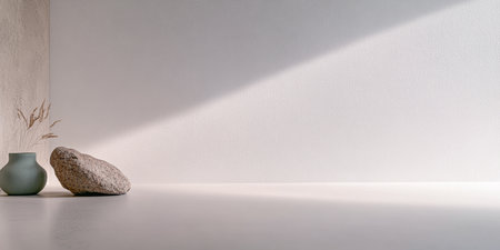 A tranquil indoor scene features a smooth stone and a simple vase on a clean surface. Soft sunlight streams in, creating a peaceful and calming atmosphere.の素材