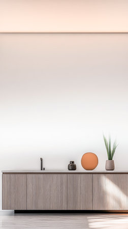 A contemporary room showcases a wooden cabinet with clean lines. Decorative items like a vase, a round object, and a potted plant create a serene atmosphere with soft lighting.の素材