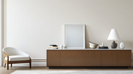 A spacious living room features a wooden console with decorative items, an elegant lamp, and a cozy chair. The light color scheme enhances the serene atmosphere.の素材