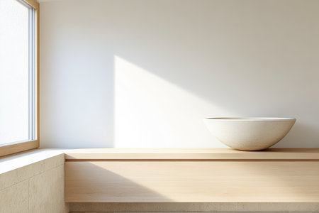 A bright room showcases a round, simple bowl resting on a wooden ledge near a window. Sunlight streams in, highlighting the clean lines and minimal decor.の素材