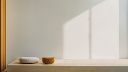 A minimalist interior showcases a simple seating area with a round cushion and wooden bowl, illuminated by soft natural light streaming through a window.の素材