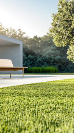 A contemporary outdoor area showcases a sleek wooden bench beside a vibrant green lawn. Sunlight illuminates the space, enhancing the serene atmosphere.の素材