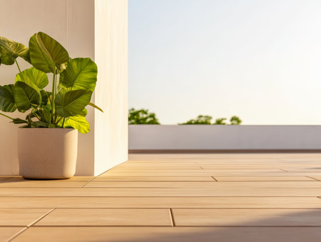A vibrant plant sits in a stylish pot on a wooden terrace. The soft sunlight filters down, illuminating the clean lines of the architecture and creating a warm ambiance.の素材