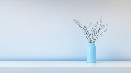 A blue vase is placed on a white shelf. It holds dry branches, creating a minimalist decor in a bright, airy room. The light enhances the tranquil atmosphere of the space.の素材