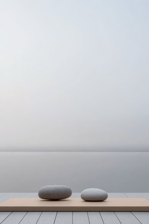 Two smooth stones sit on a light wooden surface in a calm, minimalistic space. The soft lighting creates a serene atmosphere, enhancing the peaceful vibe of the environment.の素材