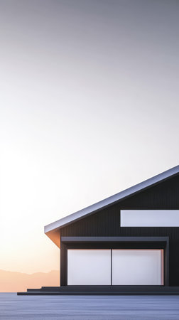 A contemporary black house stands prominently in a tranquil setting, with a soft sunset illuminating the sky and distant mountains in the background.の素材