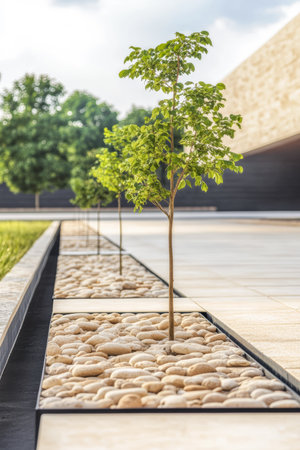 Young green trees stand in a neat row along a paved walkway. Smooth stones fill the gaps, enhancing the calm appearance of this open outdoor area.の素材