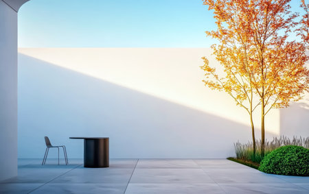 A serene outdoor area features a black round table and a chair beside a bright orange autumn tree. Sunlight casts shadows on the concrete floor, creating a peaceful ambiance.の素材
