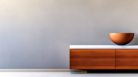 A stylish wooden cabinet is placed against a light gray wall. Atop the cabinet sits a round bowl, adding a modern touch to the minimalist decor of the room.の素材