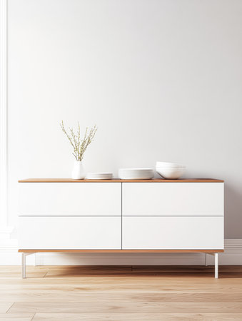 A sleek white sideboard with a wooden top is displayed against a light wall. It holds plates and a simple vase with branches, enhancing the room's calm and stylish atmosphere.の素材