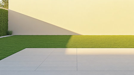 A well-maintained outdoor area features a smooth concrete surface and lush green grass, with soft shadows created by afternoon sunlight hitting a beige wall.の素材