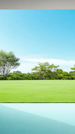 A vast green lawn stretches out beneath a bright blue sky. Lush trees dot the background, providing shade. Calm water reflects the peaceful scene on a sunny day.の素材