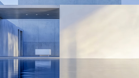A minimalistic building features smooth concrete walls and large windows. Its simple design contrasts with water that reflects the structure, creating a calming scene under daylight.の素材