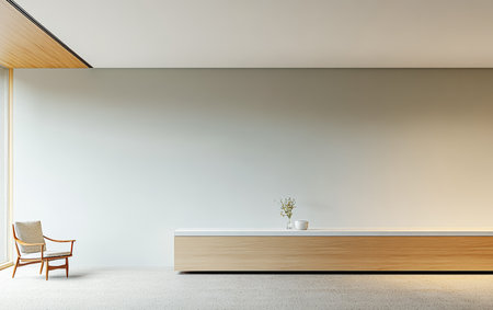 A serene and spacious interior features a wooden bench, a single chair, and a small vase with flowers. Natural light floods in through a large window, creating a calm atmosphere.の素材