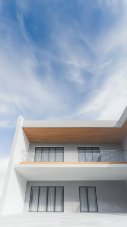 A contemporary structure features a wooden balcony and large glass windows. The sleek design contrasts with a bright, cloudy sky above, creating an inviting atmosphere.の素材