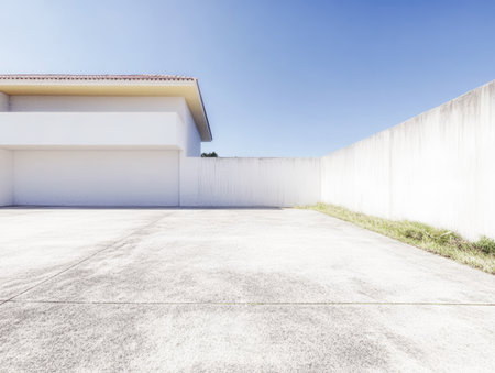 Bright midday sunlight shines on an open concrete area next to a simple white wall. The expansive space features a smooth surface with minimal vegetation around.の素材