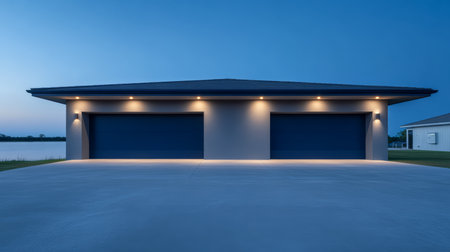 Two modern garage doors stand illuminated by soft lights at twilight, creating a serene atmosphere next to a peaceful lake surrounded by grass and buildings.の素材