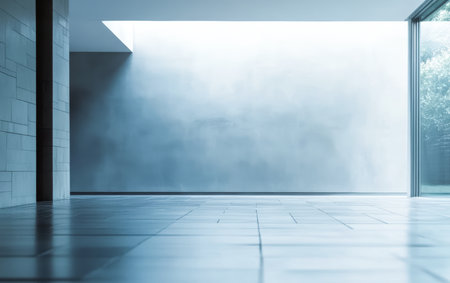 A spacious interior area features smooth, light-colored walls and a large window allowing natural light to flood in. The clean lines and minimalist design create a serene atmosphere.の素材