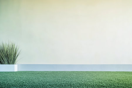 A serene and minimalistic space features a lush grassy area and a neatly arranged planter, creating a peaceful atmosphere with a soft background.の素材
