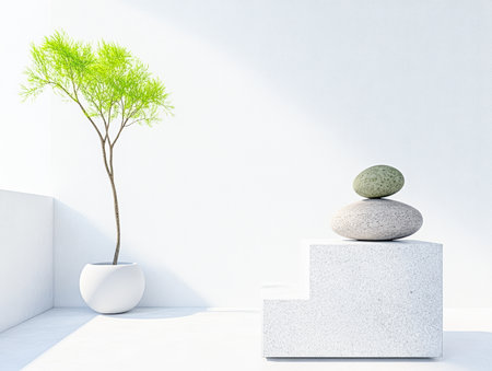 A serene indoor setting showcases a sleek white platform with three stones stacked above it. Beside the platform, a vibrant green plant in a white pot adds a touch of nature to the modern design.の素材