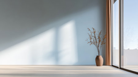 A bright room features a large window with natural light casting shadows on the floor. A simple vase with dried branches adds a touch of elegance to the minimalist space.の素材