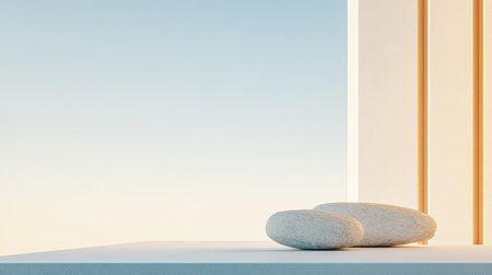 A minimalist scene shows smooth, soft stones placed on a clean white surface. The background features a clear sky transitioning to sunset colors, creating a peaceful atmosphere.の素材