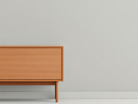 A simple wooden cabinet is positioned near a light gray wall, creating a clean and modern aesthetic. The design is minimalistic, showcasing the beauty of natural wood.の素材