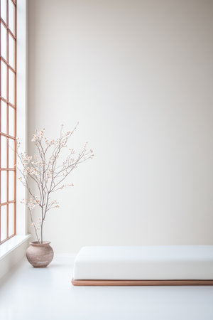 A spacious room showcases a minimalist design with a sleek white bench and a decorative plant in a vase near a large window. The natural light creates a calming atmosphere.の素材
