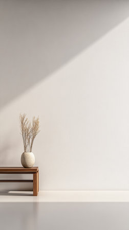 A minimalist interior scene features a wooden bench holding a vase with dried flowers against a plain white wall. Natural light enhances the serene atmosphere in the room.の素材