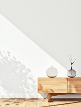 A light and airy living space includes a wooden sideboard with two ceramic vases. Soft shadows play on the clean white wall, creating a calm and inviting atmosphere.の素材