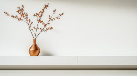 A minimalistic shelf displays a stylish copper vase holding dried branches, enhancing the modern aesthetic of the interior. Soft lighting highlights the design elements.の素材