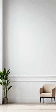 A spacious room showcases a beige armchair placed against a white wall. A green potted plant adds a touch of nature, enhancing the modern design.の素材