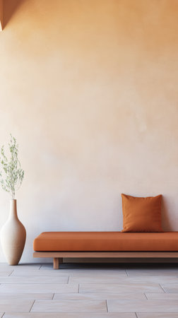 A simple seating area features a wooden bench with a warm orange cushion and a large vase with a plant. The bright wall enhances the minimalist design.の素材