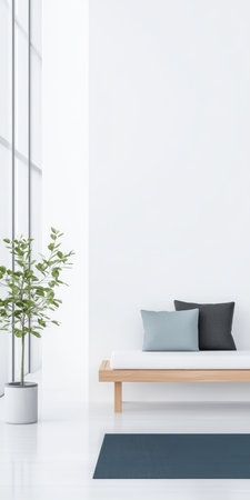 Modern living space featuring a light-colored bench with pillows, a green plant in a pot, large windows allowing natural light, and a simple rug, creating a serene atmosphere.の素材
