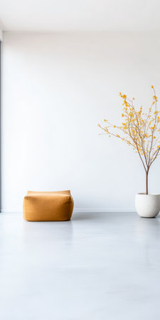A warm-toned seat sits next to a tall planter containing a yellow-flowering tree. The clean, minimalistic design creates a serene atmosphere in a bright room.の素材