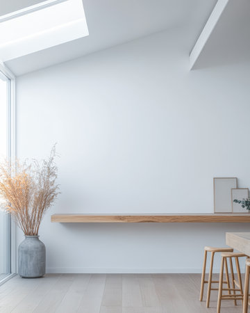 This bright space showcases a minimalist interior design with a wooden shelf, two stools, and decorative plants under a large skylight, enhancing the natural light.の素材