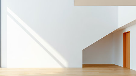 Bright, modern interior featuring white walls and a wooden floor. A staircase leads to an upper level, while a warm wooden door adds a touch of warmth and contrast.の素材