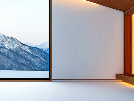 A spacious interior with clean lines and warm wood accents showcases a stunning view of snow-capped mountains through a large window. The serene atmosphere invites relaxation.の素材