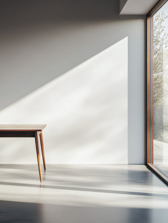 Sunlight enters a spacious room through a big window, casting shadows on the smooth concrete floor beside a simple wooden table. The atmosphere feels calm and modern.の素材