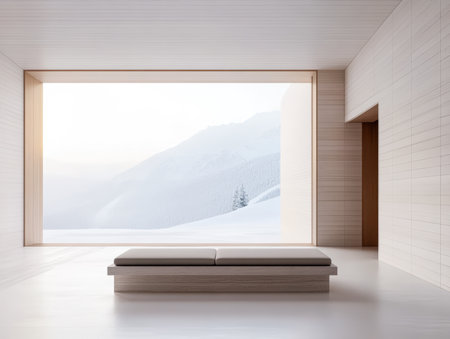 A spacious room showcases a minimalistic design, featuring a low seating area. Large windows provide a stunning view of snow-covered mountains and soft winter light fills the space.の素材