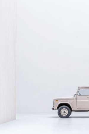 A classic off-road vehicle stands in a spacious indoor area with white walls and bright lighting. The scene highlights the retro design of the car and its elegant features.の素材