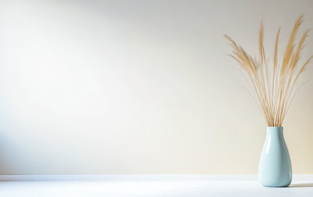 A tall, light blue vase holds a bundle of dry grass, creating a stylish centerpiece in a sunlit room with a neutral wall color. The simple decor adds warmth and elegance.の素材