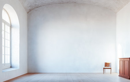 A spacious, modern room features a single wooden chair beside a wooden cabinet against a bright wall. Large windows allow natural light to fill the area, creating an airy atmosphere.の素材