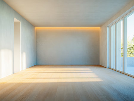 A spacious room features large windows allowing abundant sunlight to fill the space. The minimalist design emphasizes simplicity and open space, creating a serene atmosphere.の素材