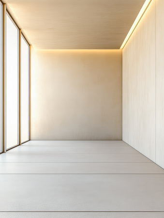 Bright and airy room showcases a minimalist design with clean lines and ample natural light from large windows. The soft lighting enhances the tranquil atmosphere of the space.の素材