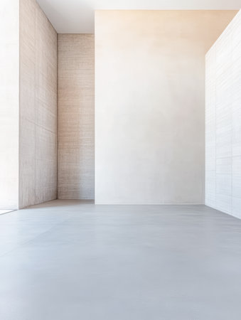 This space features a bright, minimalist interior characterized by smooth concrete flooring and large windows allowing natural light. The simple design emphasizes openness and tranquility.の素材
